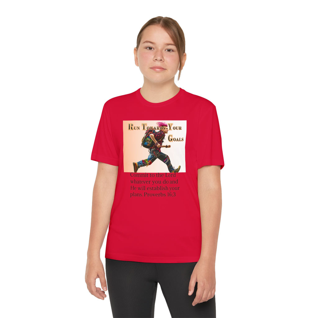 Youth Competitor Tee - 'Run Towards Your Goals' Inspirational Christian Kids Shirt (Proverbs 16:3, Never Give Up)
