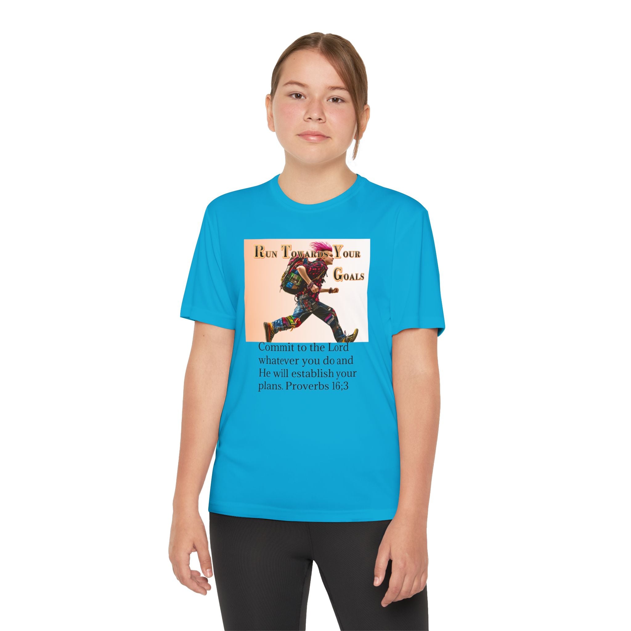 Youth Competitor Tee - 'Run Towards Your Goals' Inspirational Christian Kids Shirt (Proverbs 16:3, Never Give Up)