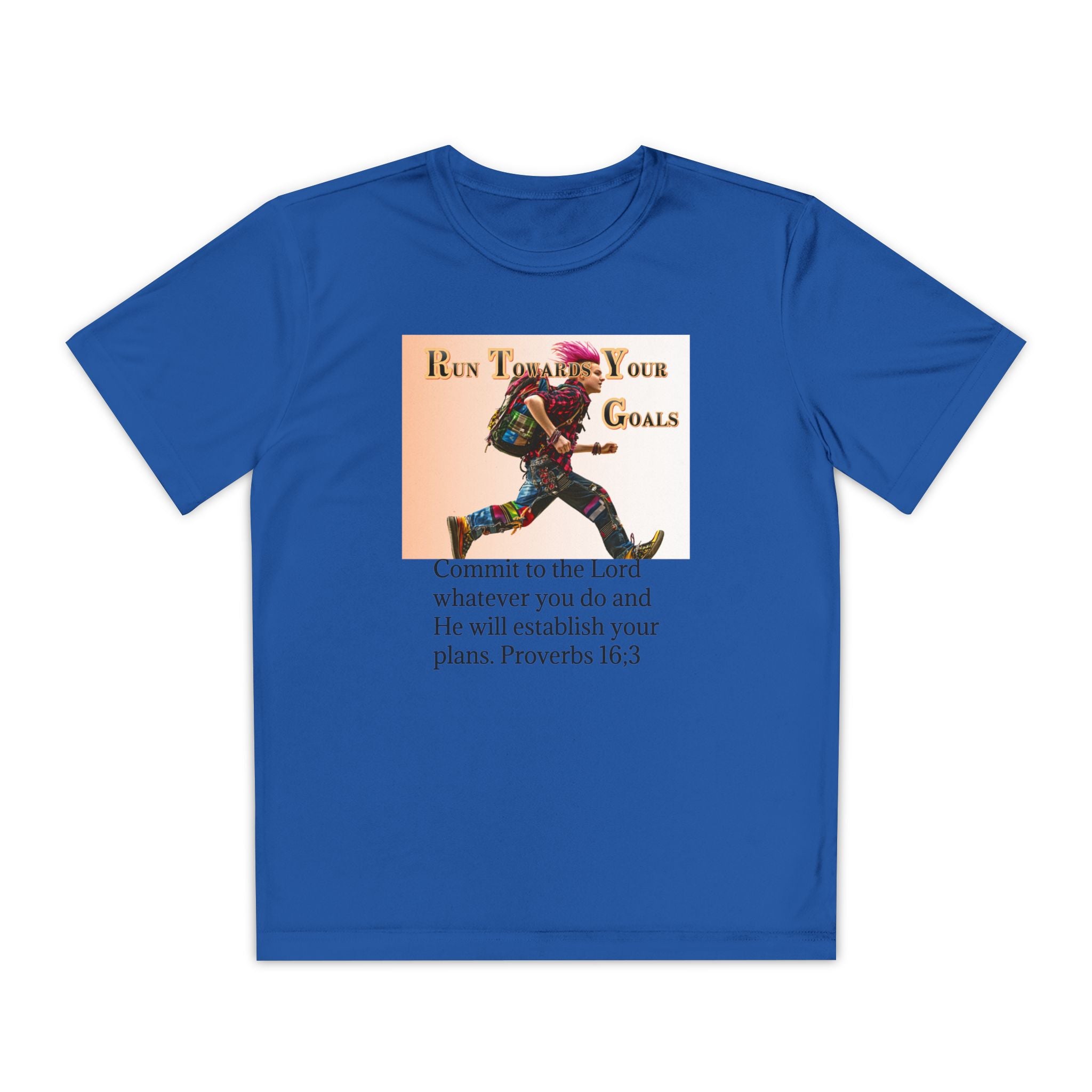 Youth Competitor Tee - 'Run Towards Your Goals' Inspirational Christian Kids Shirt (Proverbs 16:3, Never Give Up)