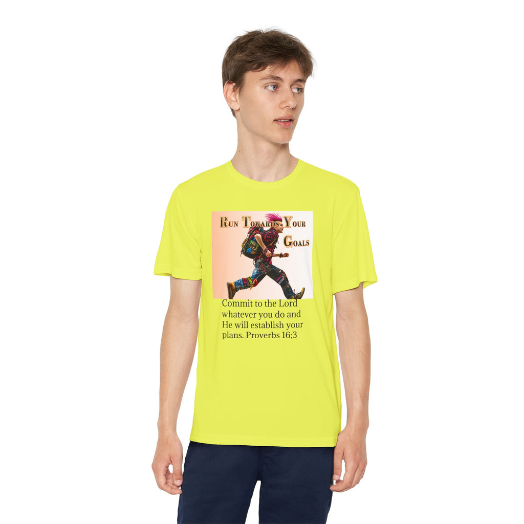 Youth Competitor Tee - 'Run Towards Your Goals' Inspirational Christian Kids Shirt (Proverbs 16:3, Never Give Up)