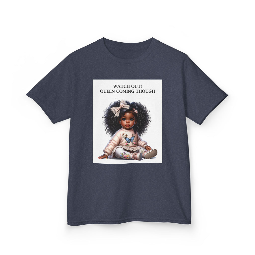 Kids Tee — "Watch Out! Queen Coming Through" Cute Black Baby Girl Design (Custom Name Back)