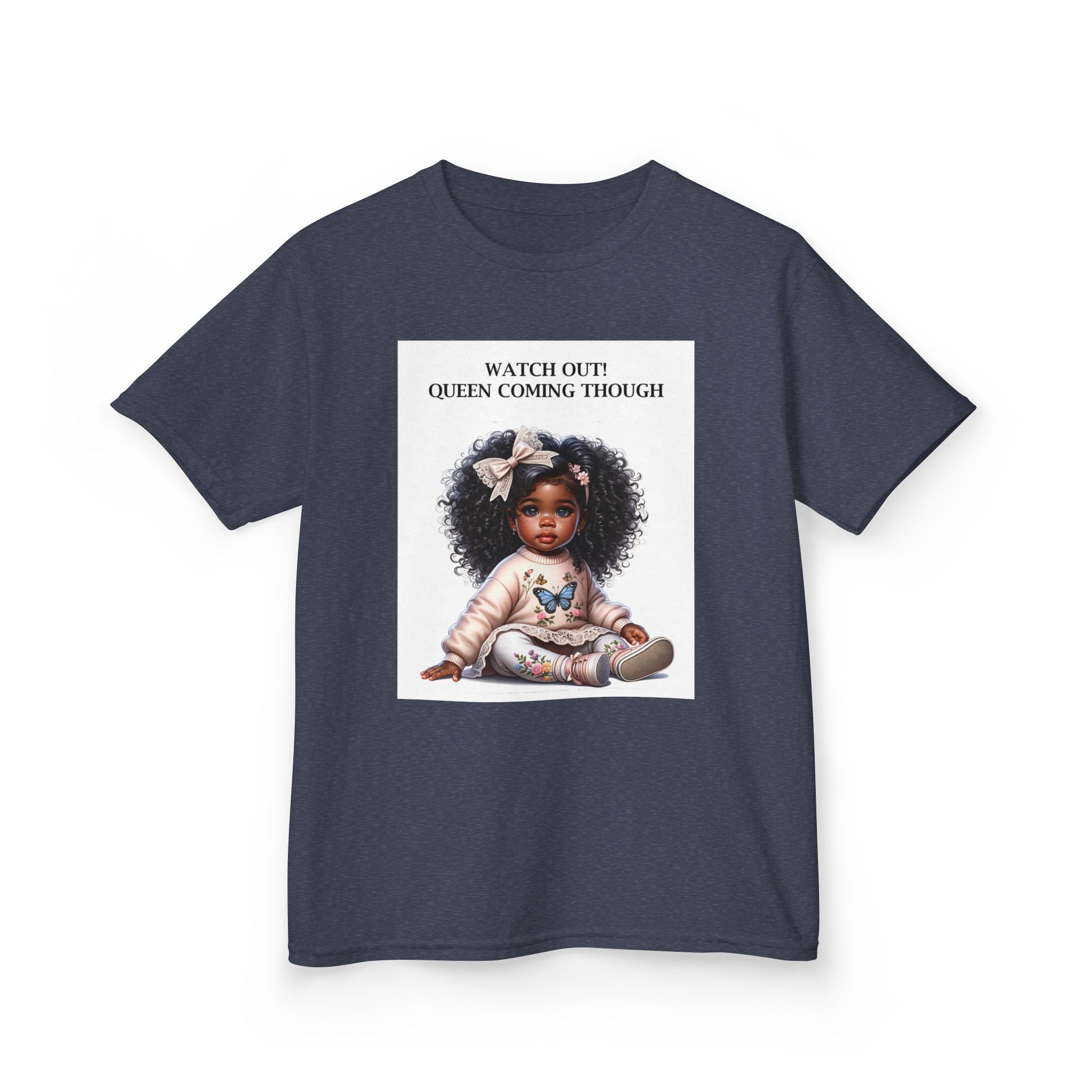 Kids Tee — "Watch Out! Queen Coming Through" Cute Black Baby Girl Design (Custom Name Back)