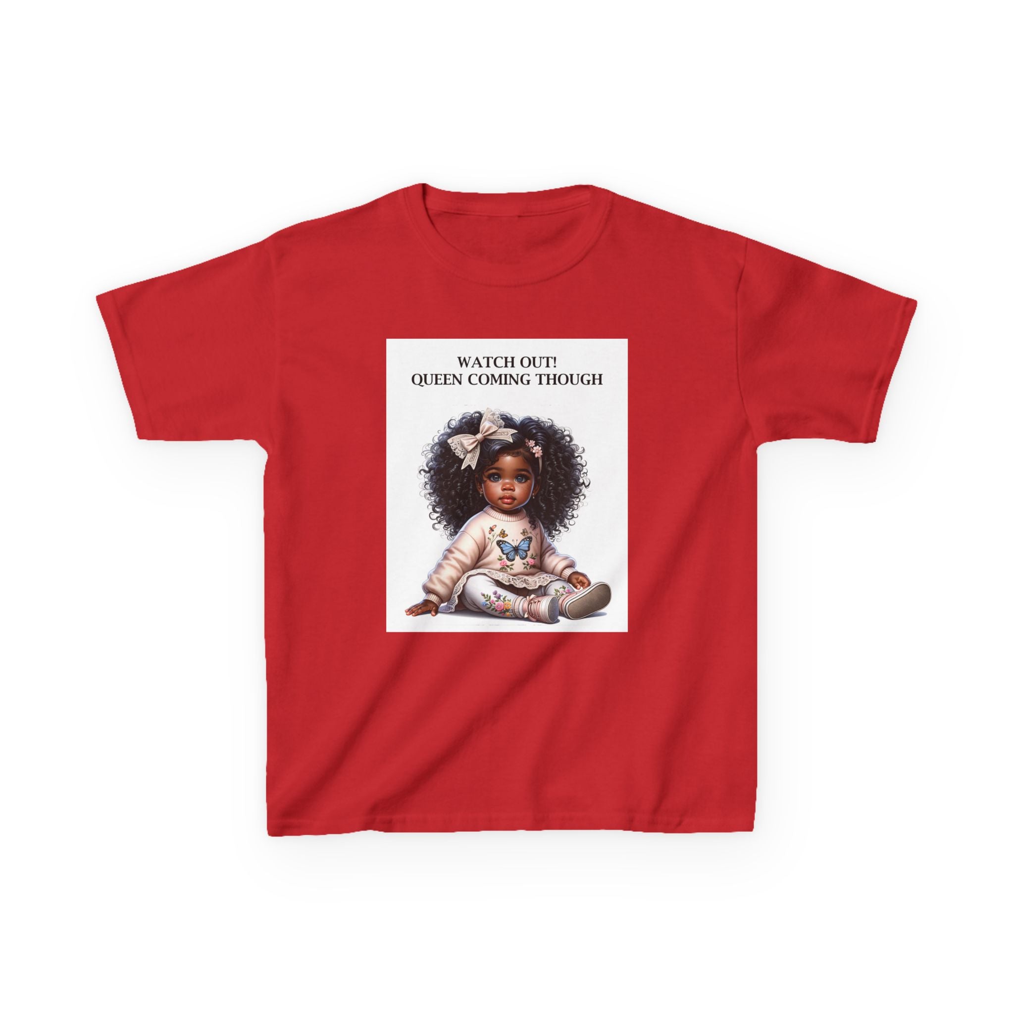 Kids Tee — "Watch Out! Queen Coming Through" Cute Black Baby Girl Design (Custom Name Back)