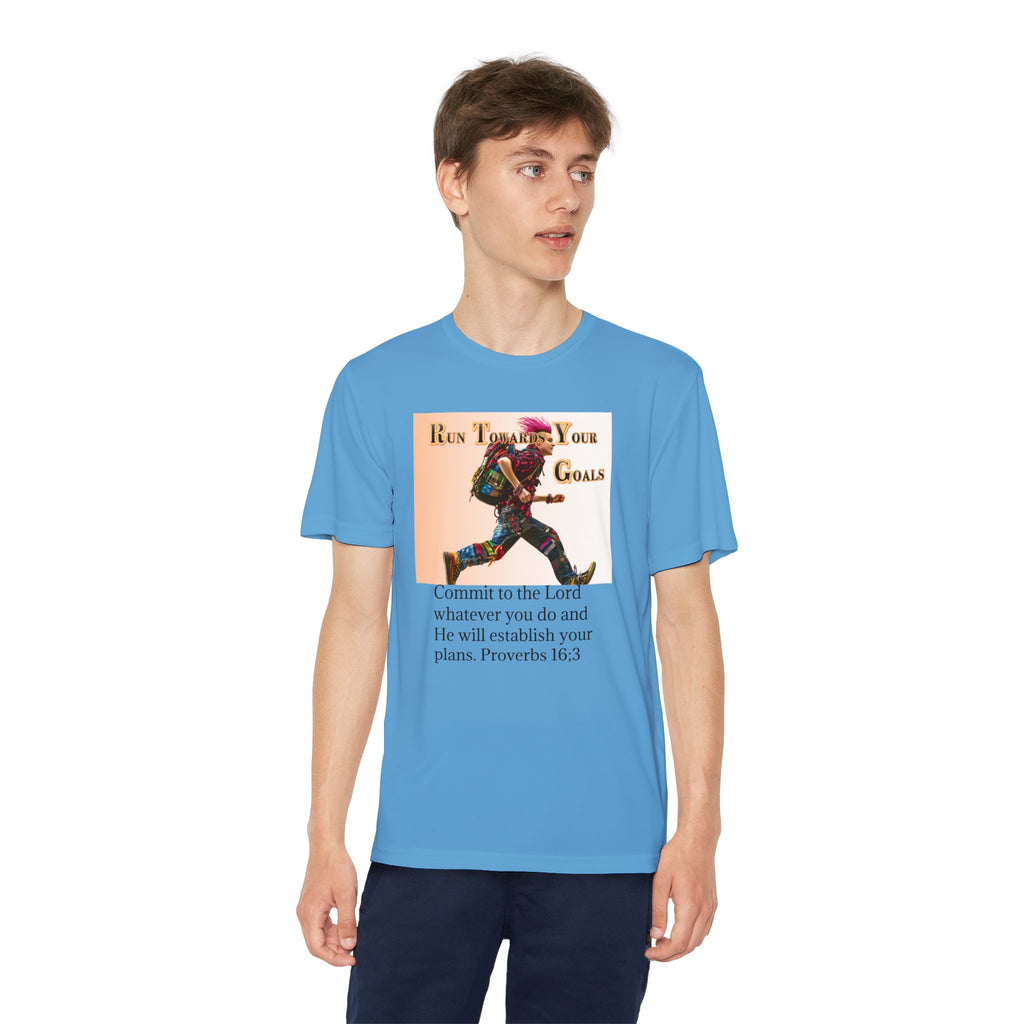 Youth Competitor Tee - 'Run Towards Your Goals' Inspirational Christian Kids Shirt (Proverbs 16:3, Never Give Up)