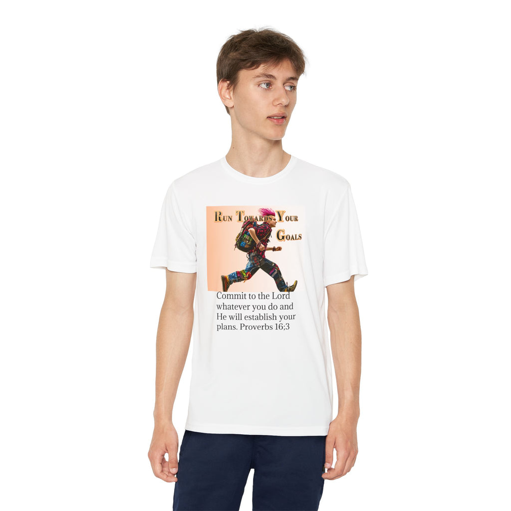 Youth Competitor Tee - 'Run Towards Your Goals' Inspirational Christian Kids Shirt (Proverbs 16:3, Never Give Up)