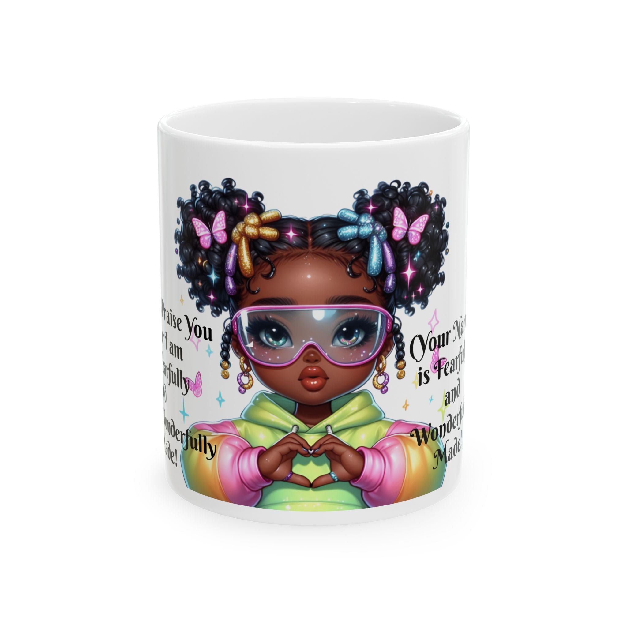 Cute Black Girl Cartoon Mug — Rainbow Hoodie, Heart Hands Coffee Cup (11oz/15oz)