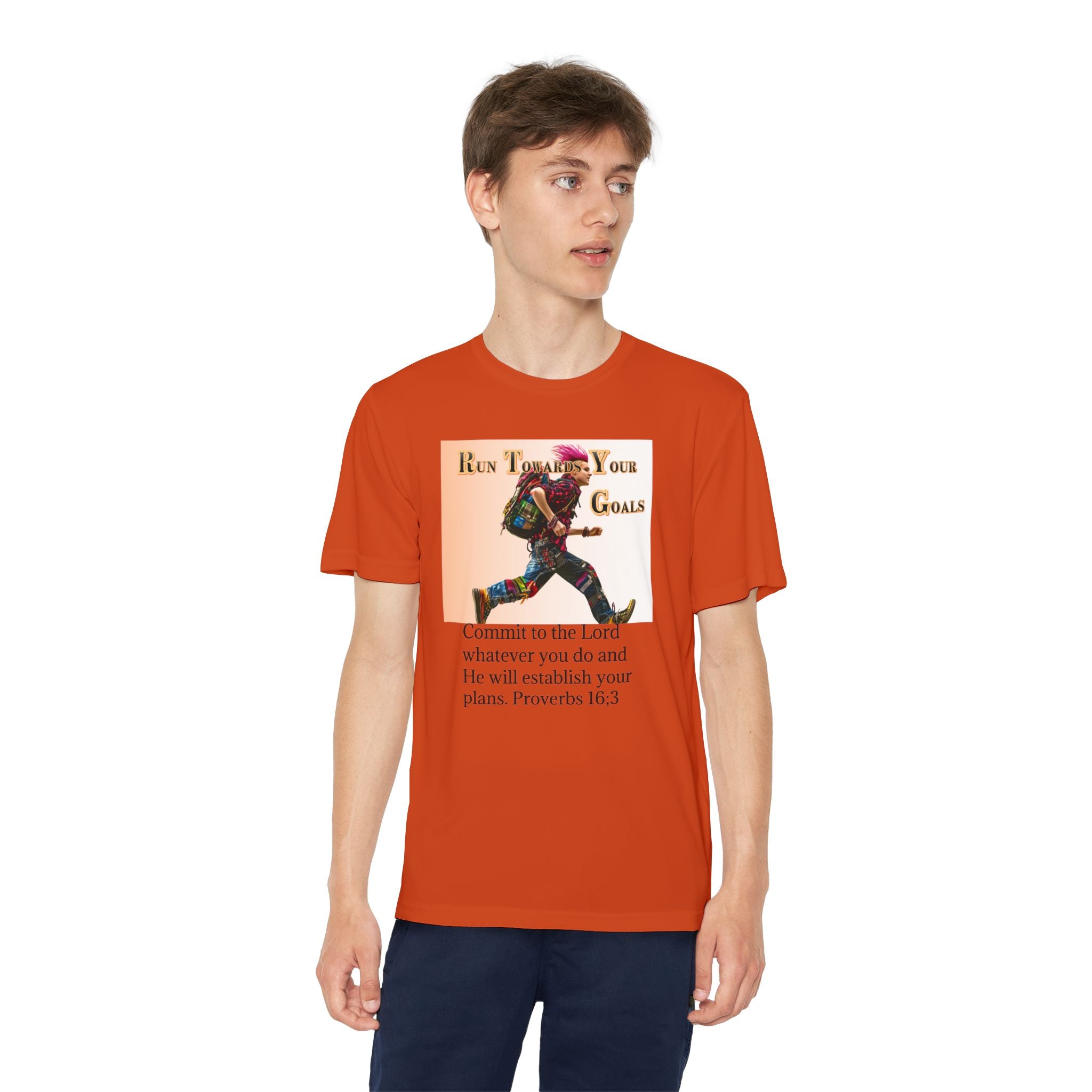 Youth Competitor Tee - 'Run Towards Your Goals' Inspirational Christian Kids Shirt (Proverbs 16:3, Never Give Up)