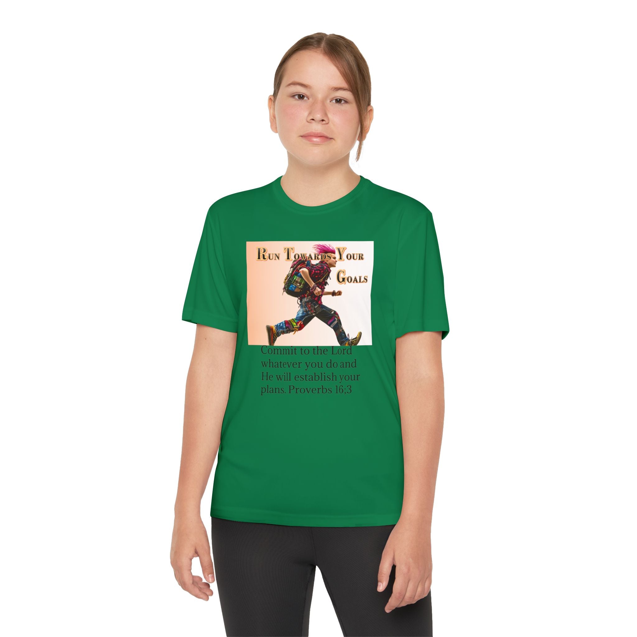 Youth Competitor Tee - 'Run Towards Your Goals' Inspirational Christian Kids Shirt (Proverbs 16:3, Never Give Up)