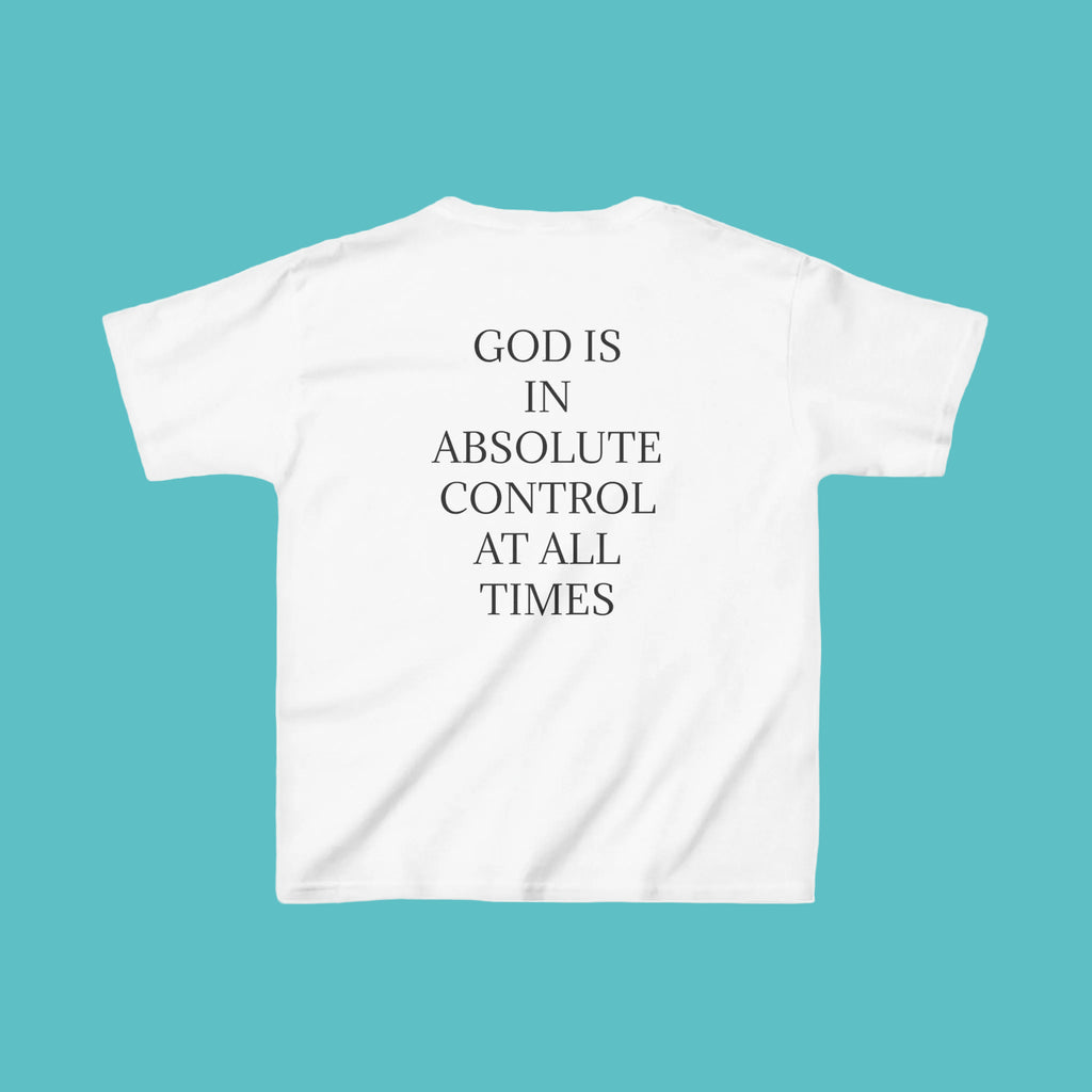 QUIET CONFIDENCE NEVER TOO SOON; Kids Tee — "I Praise You, Lord" Cute Black Girl Prayer Design | Back: God Is In Absolute Control