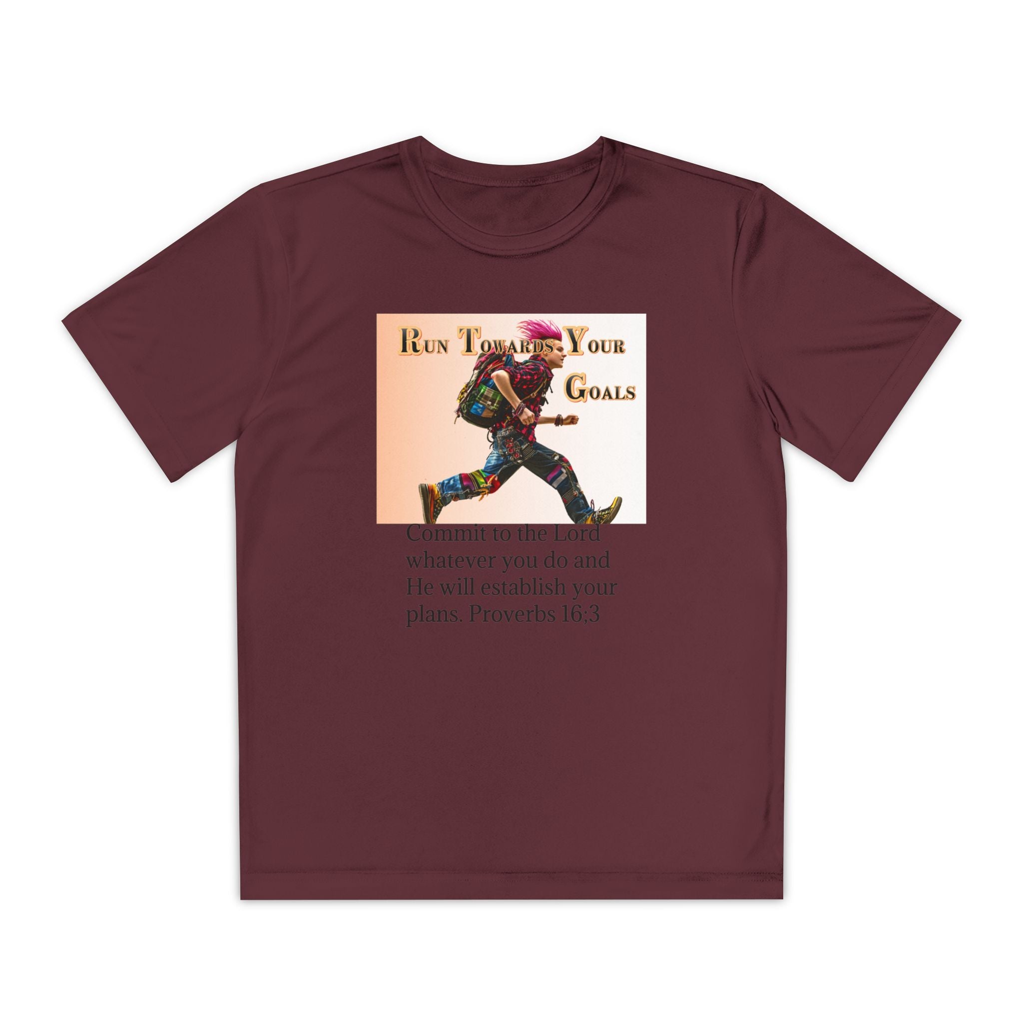 Youth Competitor Tee - 'Run Towards Your Goals' Inspirational Christian Kids Shirt (Proverbs 16:3, Never Give Up)
