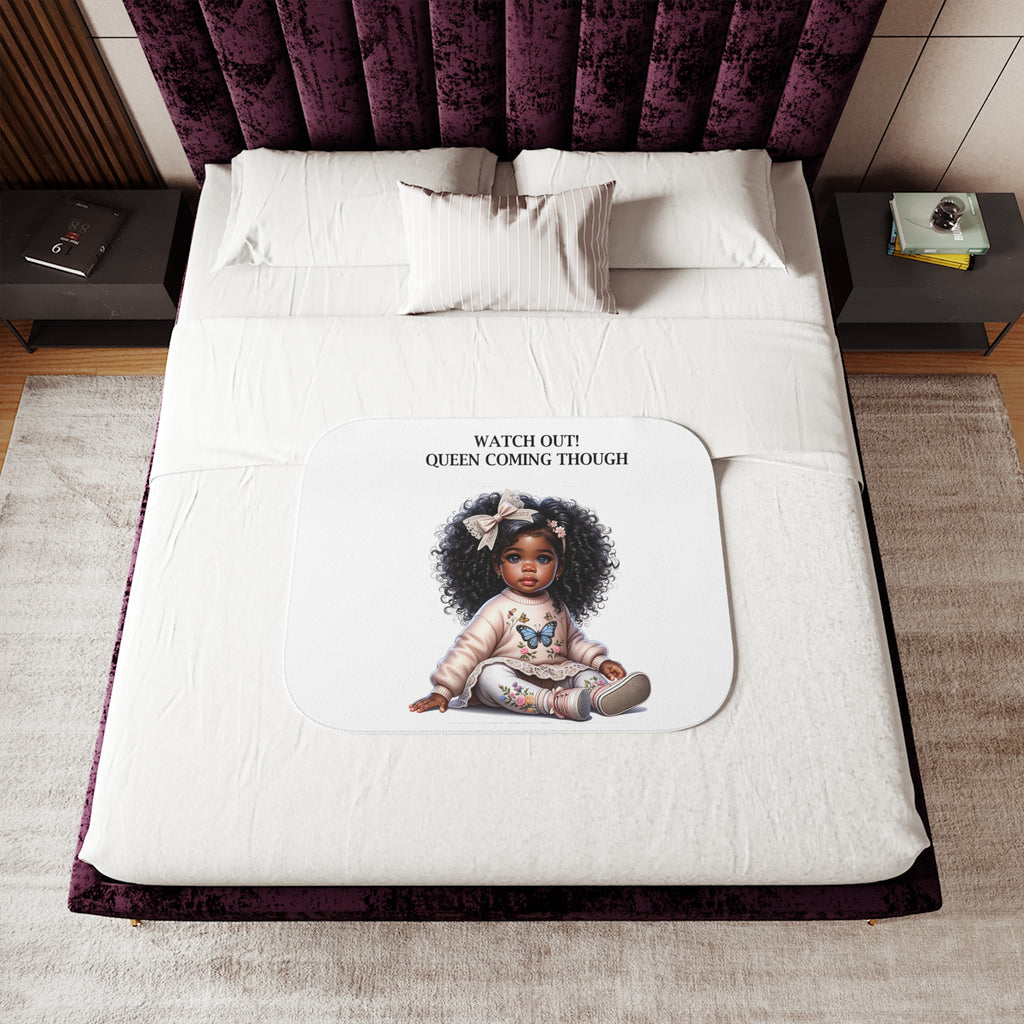 CUSTOM MADE ''BY YOU', Sherpa Blanket — "Watch Out! Queen Coming Though" Cute Black Baby Girl Illustration Cozy Throw
