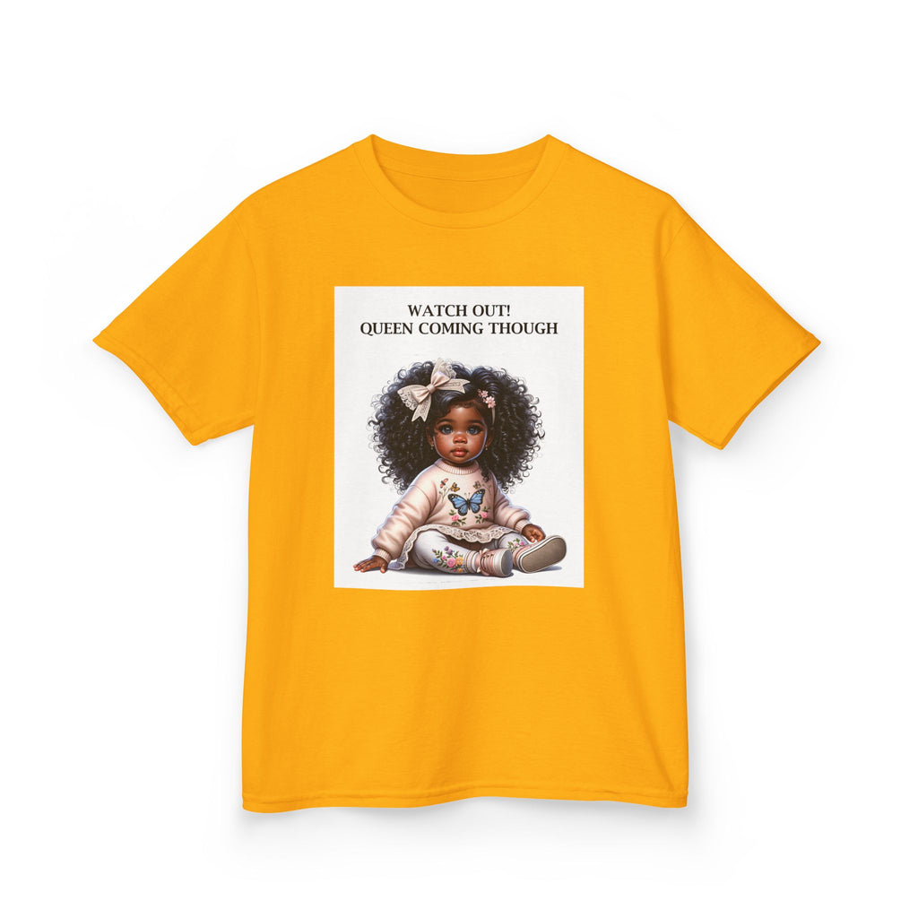 Kids Tee — "Watch Out! Queen Coming Through" Cute Black Baby Girl Design (Custom Name Back)