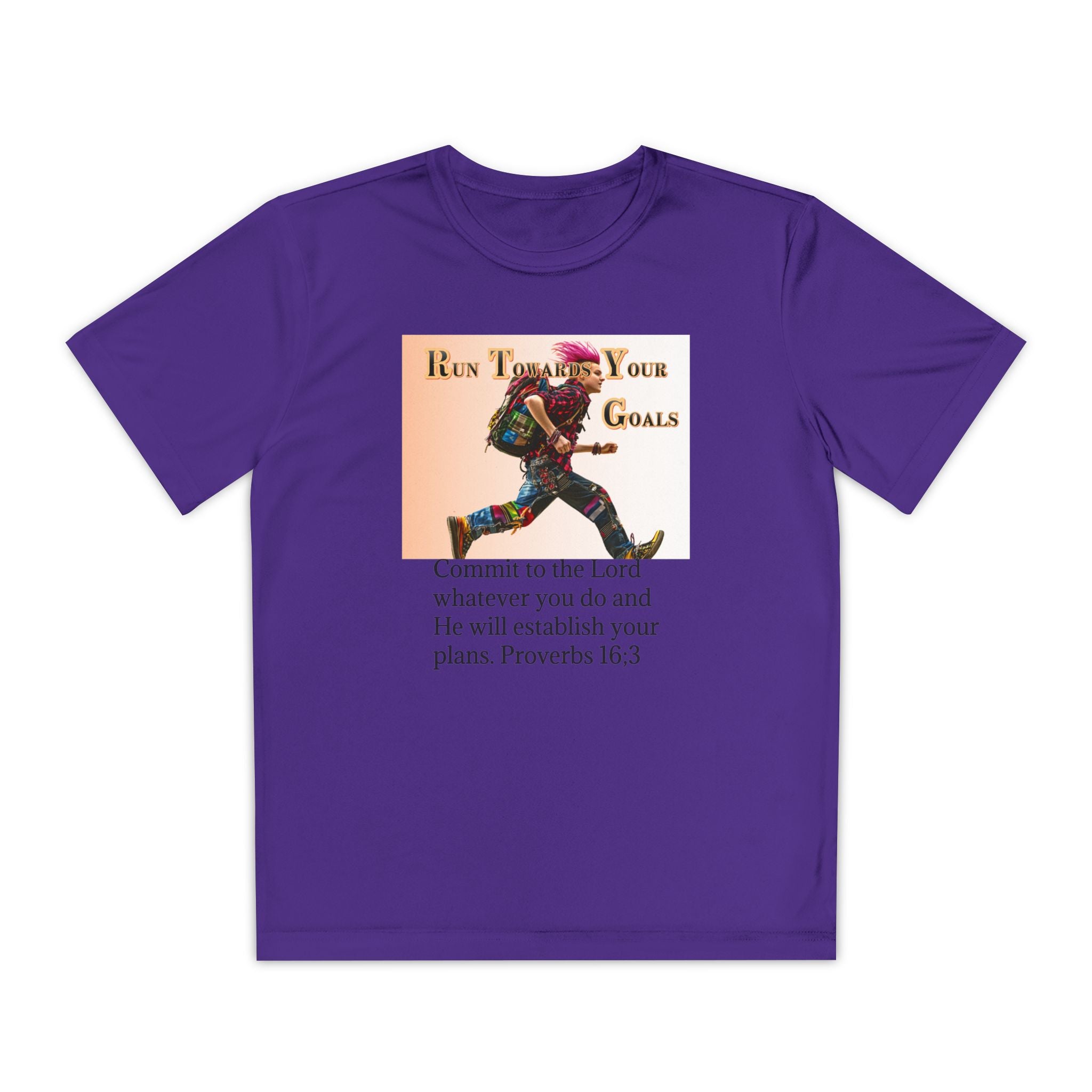Youth Competitor Tee - 'Run Towards Your Goals' Inspirational Christian Kids Shirt (Proverbs 16:3, Never Give Up)