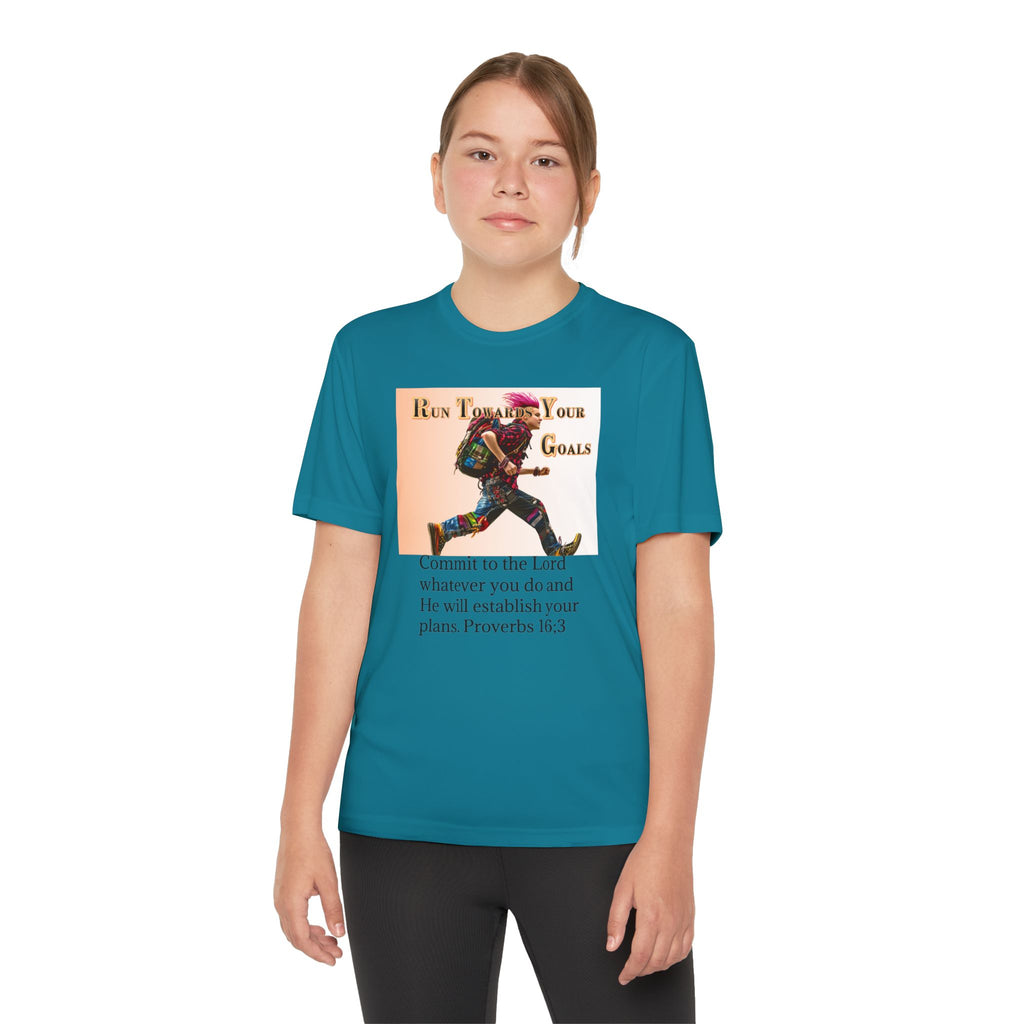 Youth Competitor Tee - 'Run Towards Your Goals' Inspirational Christian Kids Shirt (Proverbs 16:3, Never Give Up)