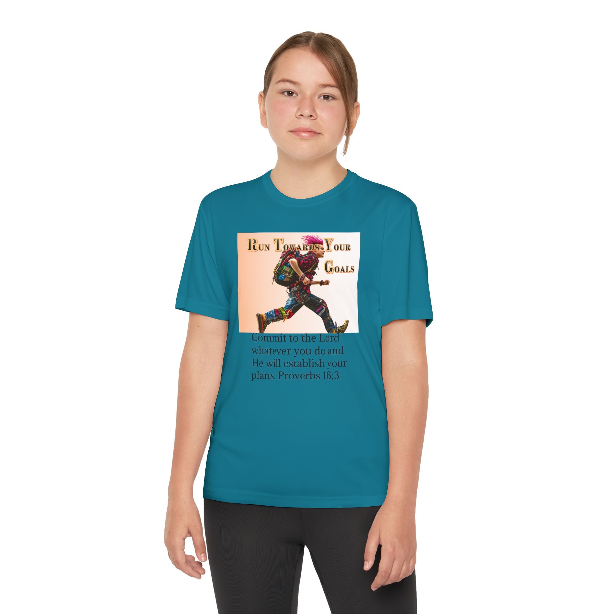 Youth Competitor Tee - 'Run Towards Your Goals' Inspirational Christian Kids Shirt (Proverbs 16:3, Never Give Up)