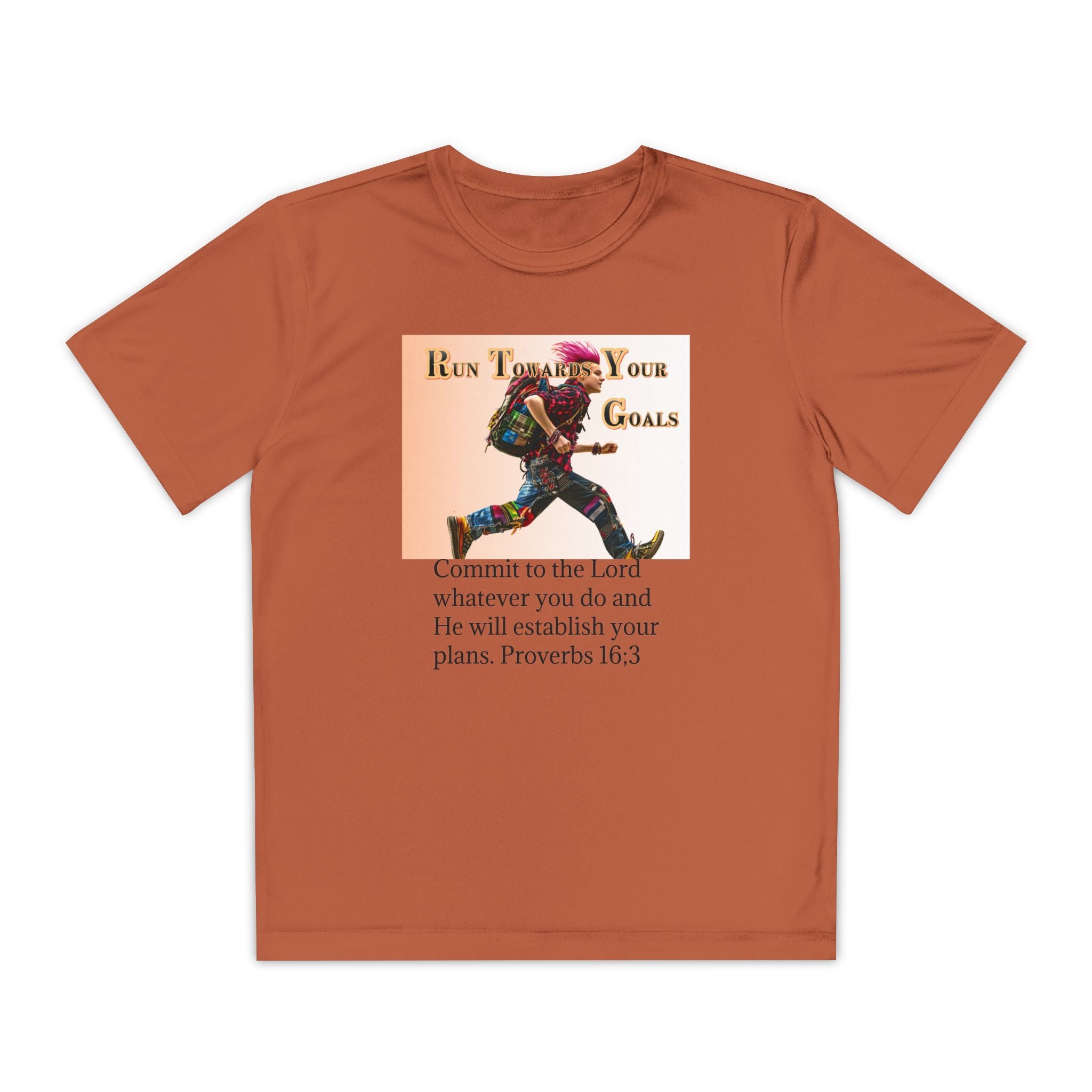 Youth Competitor Tee - 'Run Towards Your Goals' Inspirational Christian Kids Shirt (Proverbs 16:3, Never Give Up)