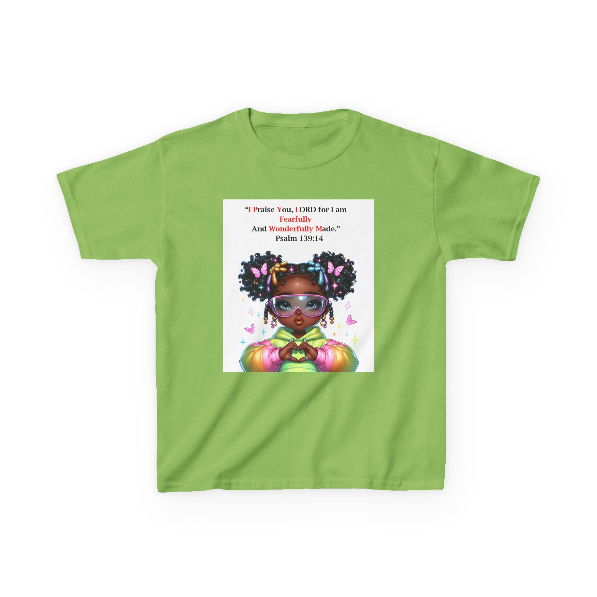QUIET CONFIDENCE NEVER TOO SOON; Kids Tee — "I Praise You, Lord" Cute Black Girl Prayer Design | Back: God Is In Absolute Control