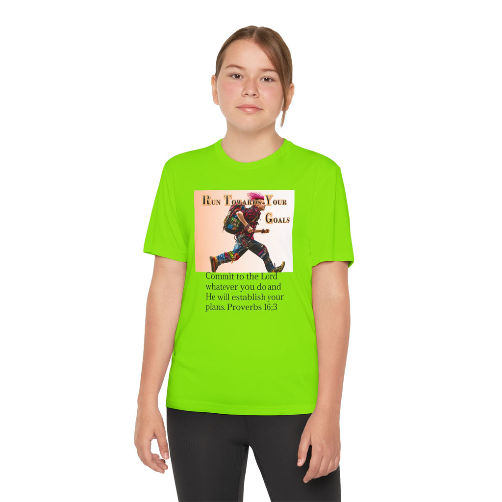 Youth Competitor Tee - 'Run Towards Your Goals' Inspirational Christian Kids Shirt (Proverbs 16:3, Never Give Up)