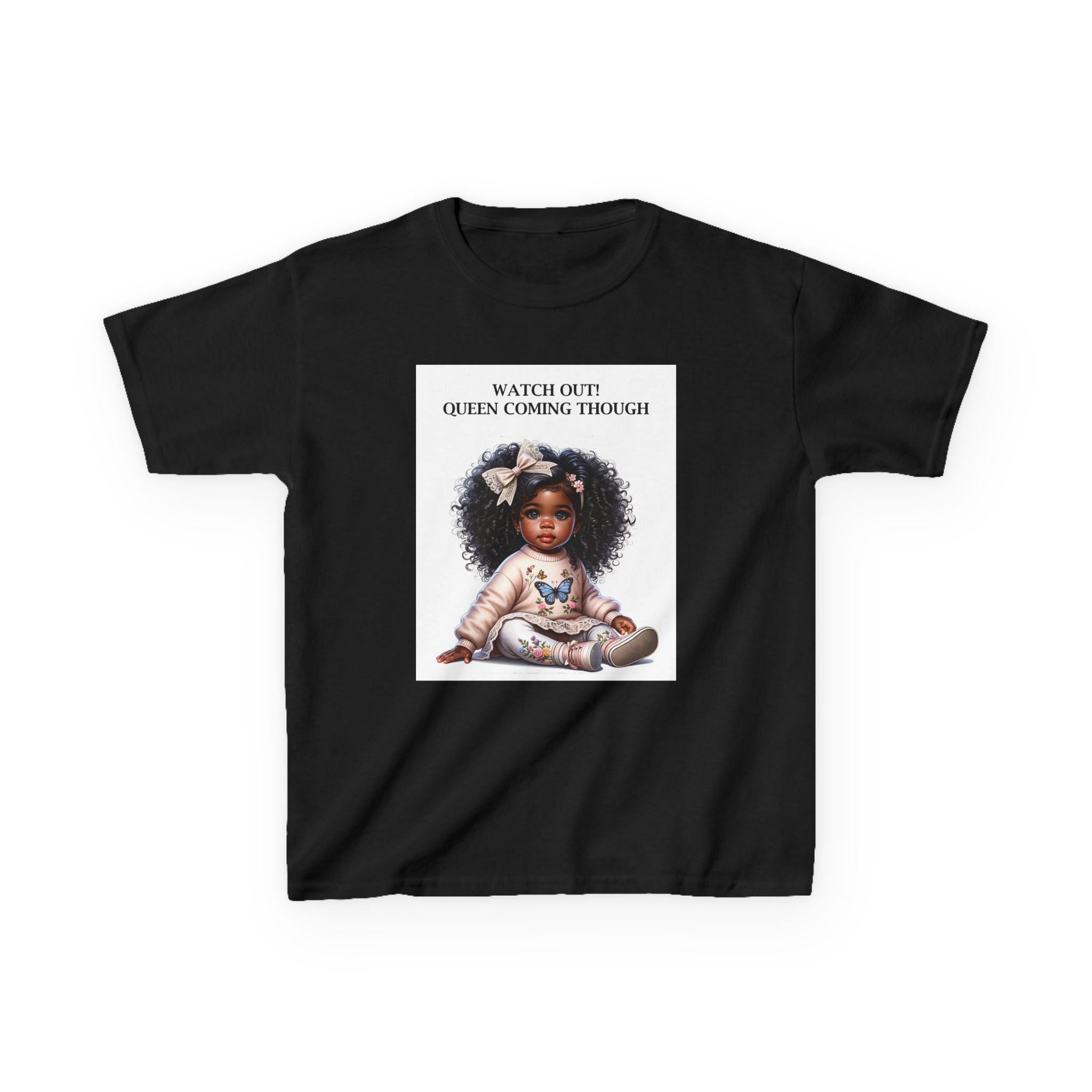 Kids Tee — "Watch Out! Queen Coming Through" Cute Black Baby Girl Design (Custom Name Back)