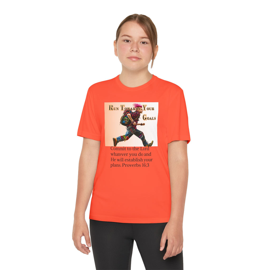 Youth Competitor Tee - 'Run Towards Your Goals' Inspirational Christian Kids Shirt (Proverbs 16:3, Never Give Up)