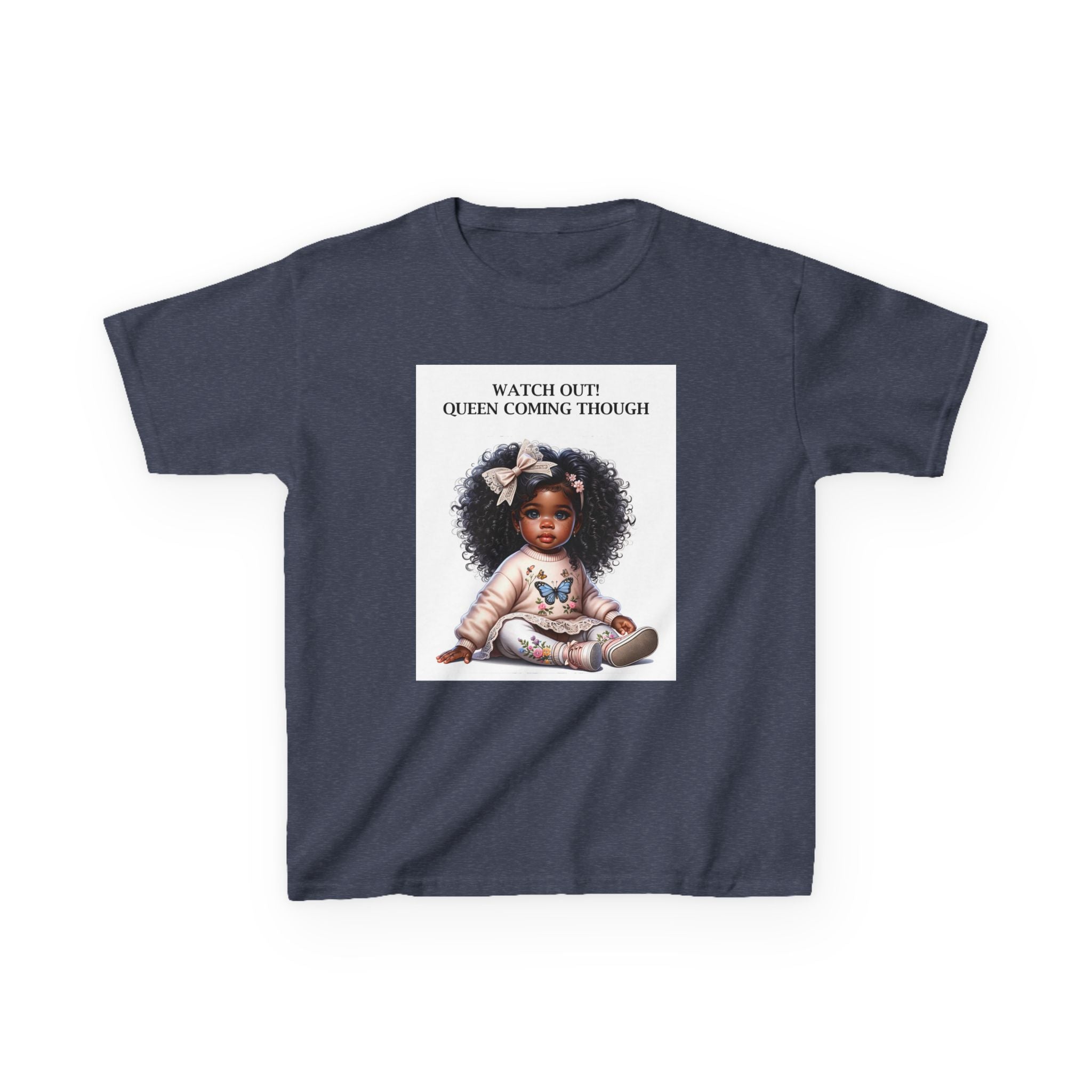 Kids Tee — "Watch Out! Queen Coming Through" Cute Black Baby Girl Design (Custom Name Back)