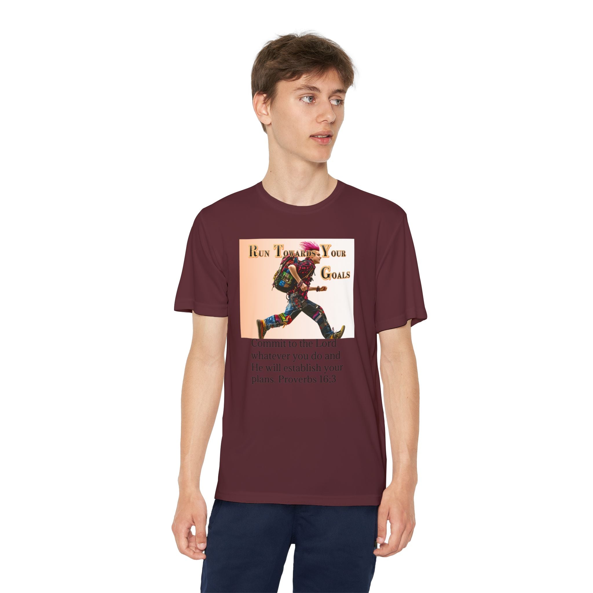 Youth Competitor Tee - 'Run Towards Your Goals' Inspirational Christian Kids Shirt (Proverbs 16:3, Never Give Up)