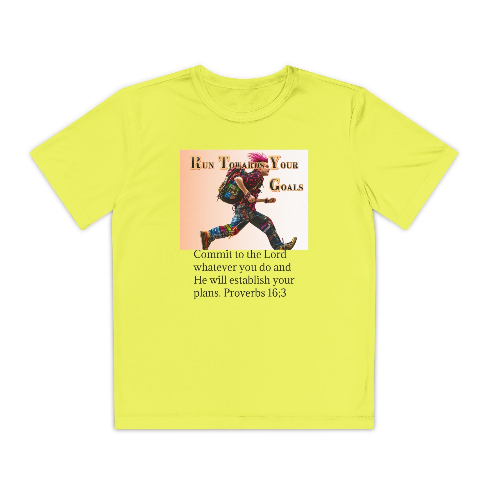 Youth Competitor Tee - 'Run Towards Your Goals' Inspirational Christian Kids Shirt (Proverbs 16:3, Never Give Up)