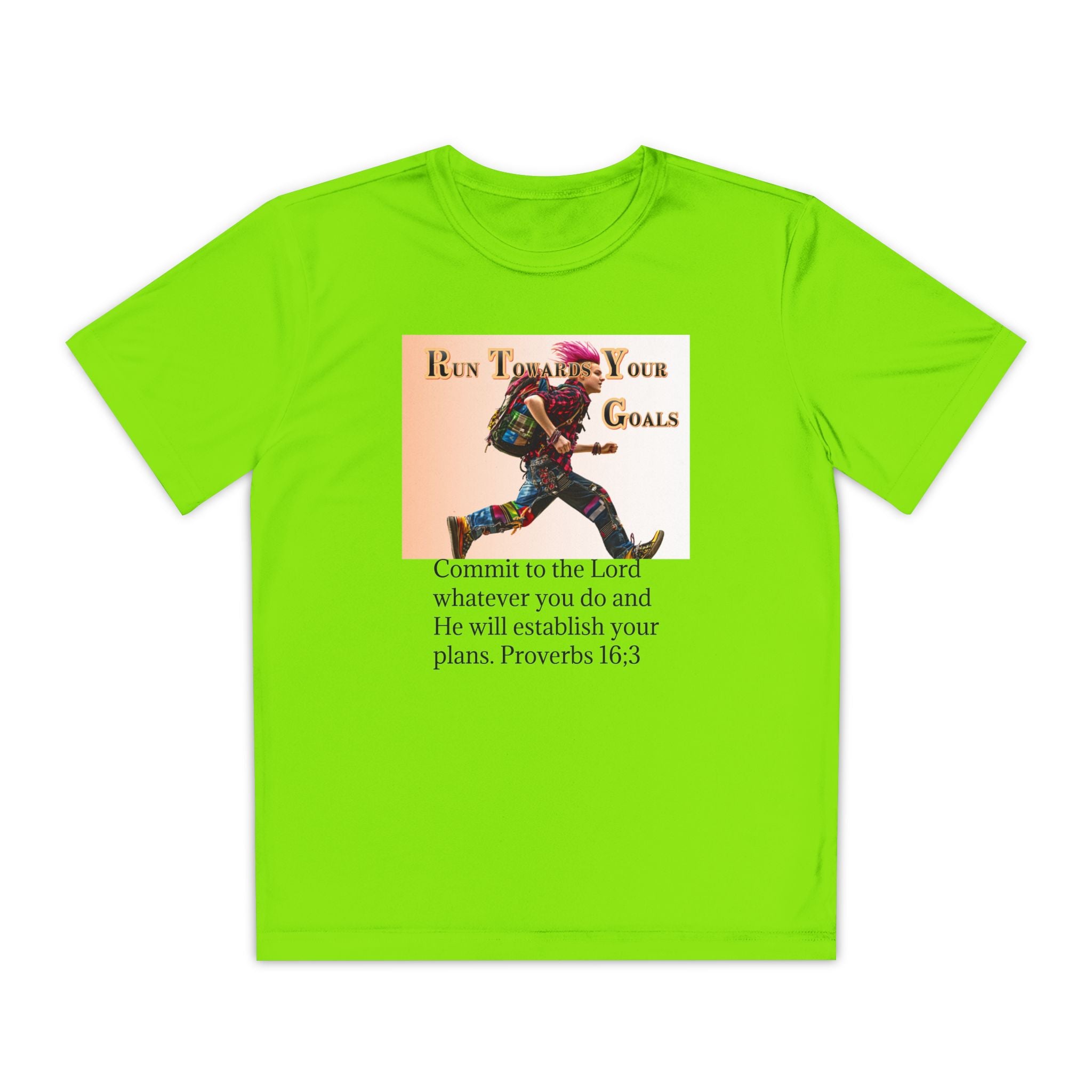 Youth Competitor Tee - 'Run Towards Your Goals' Inspirational Christian Kids Shirt (Proverbs 16:3, Never Give Up)