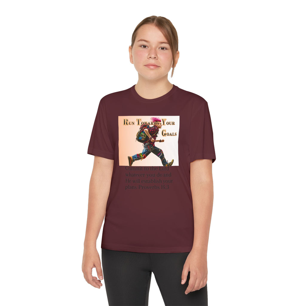 Youth Competitor Tee - 'Run Towards Your Goals' Inspirational Christian Kids Shirt (Proverbs 16:3, Never Give Up)