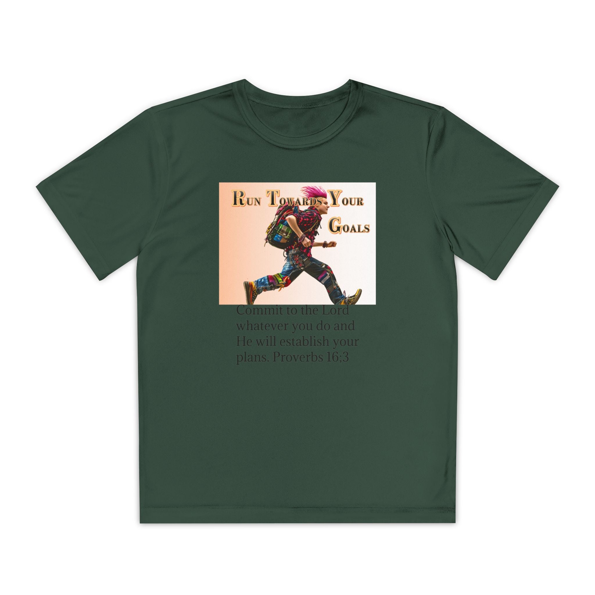 Youth Competitor Tee - 'Run Towards Your Goals' Inspirational Christian Kids Shirt (Proverbs 16:3, Never Give Up)