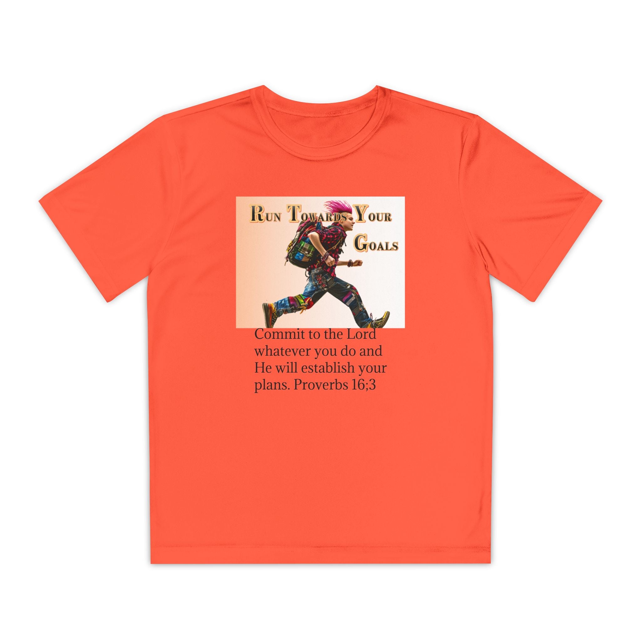 Youth Competitor Tee - 'Run Towards Your Goals' Inspirational Christian Kids Shirt (Proverbs 16:3, Never Give Up)