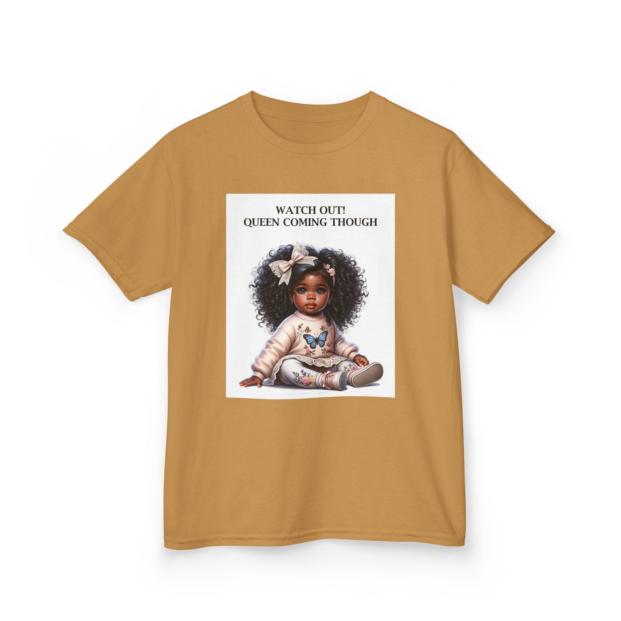 Kids Tee — "Watch Out! Queen Coming Through" Cute Black Baby Girl Design (Custom Name Back)