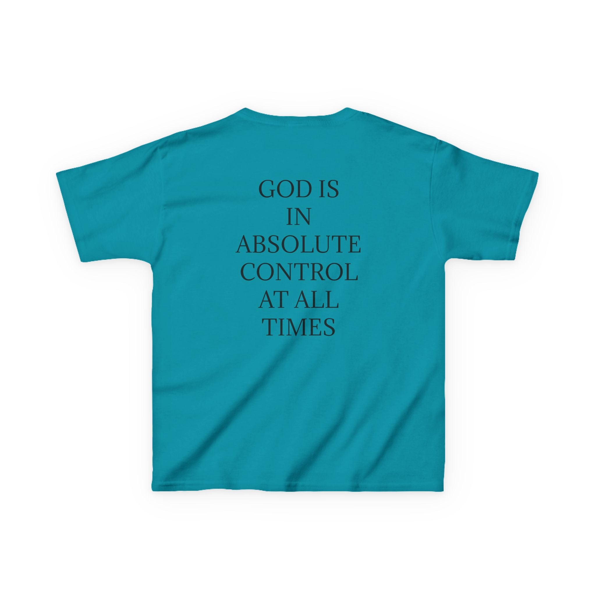 QUIET CONFIDENCE NEVER TOO SOON; Kids Tee — "I Praise You, Lord" Cute Black Girl Prayer Design | Back: God Is In Absolute Control