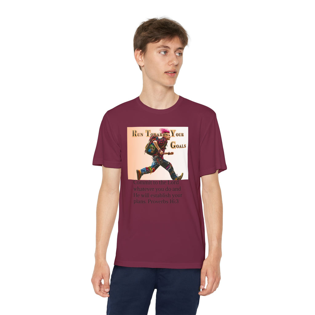 Youth Competitor Tee - 'Run Towards Your Goals' Inspirational Christian Kids Shirt (Proverbs 16:3, Never Give Up)