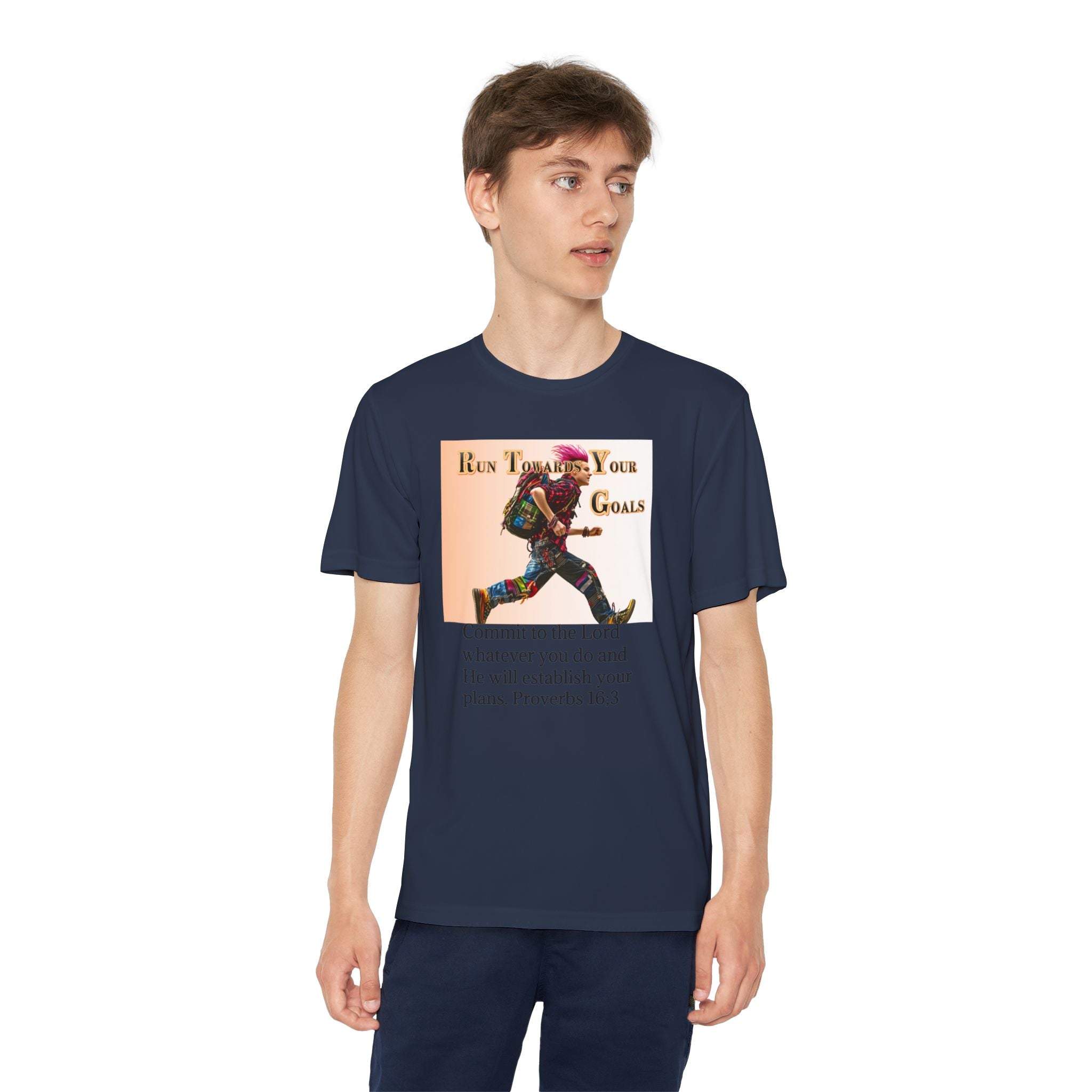 Youth Competitor Tee - 'Run Towards Your Goals' Inspirational Christian Kids Shirt (Proverbs 16:3, Never Give Up)