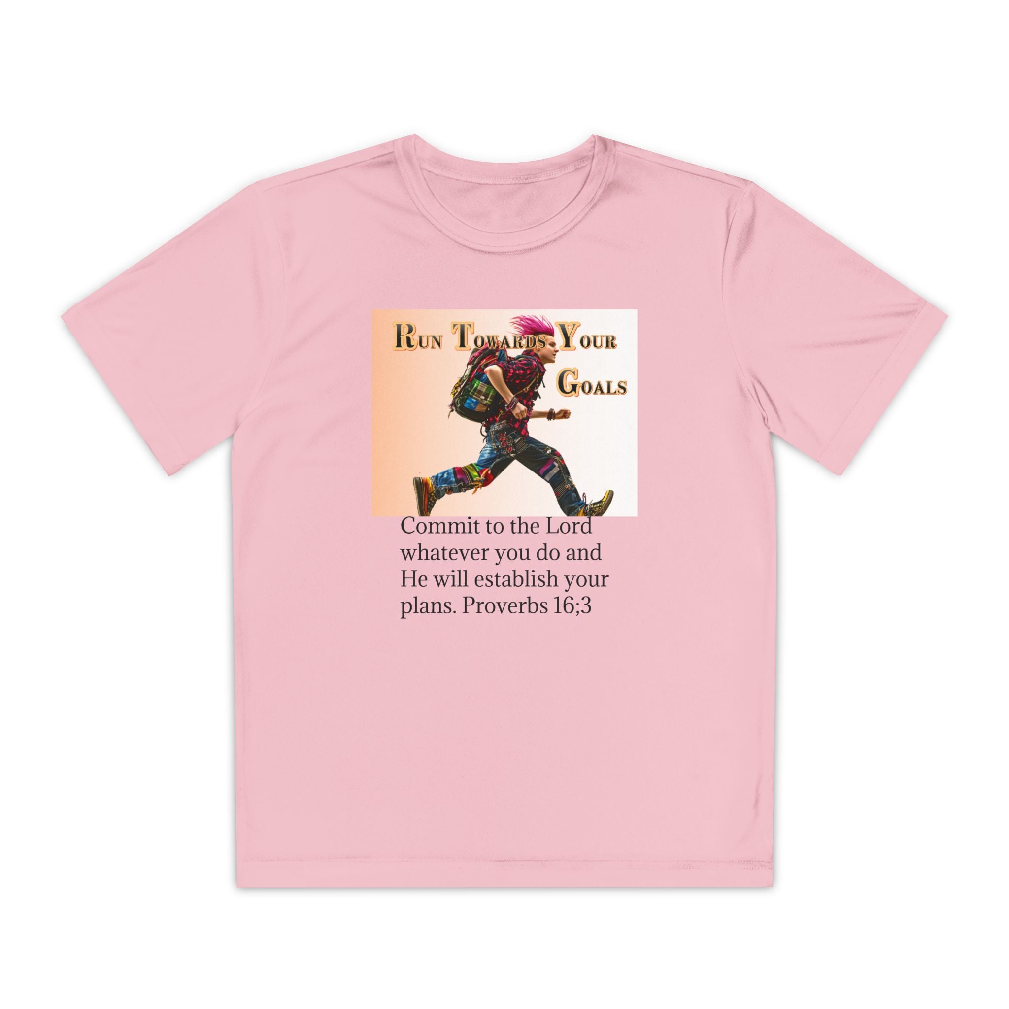 Youth Competitor Tee - 'Run Towards Your Goals' Inspirational Christian Kids Shirt (Proverbs 16:3, Never Give Up)