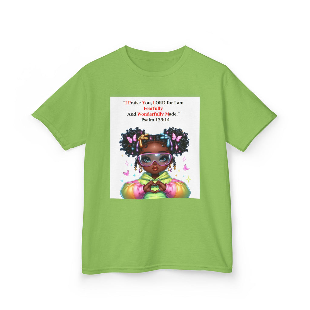 QUIET CONFIDENCE NEVER TOO SOON; Kids Tee — "I Praise You, Lord" Cute Black Girl Prayer Design | Back: God Is In Absolute Control