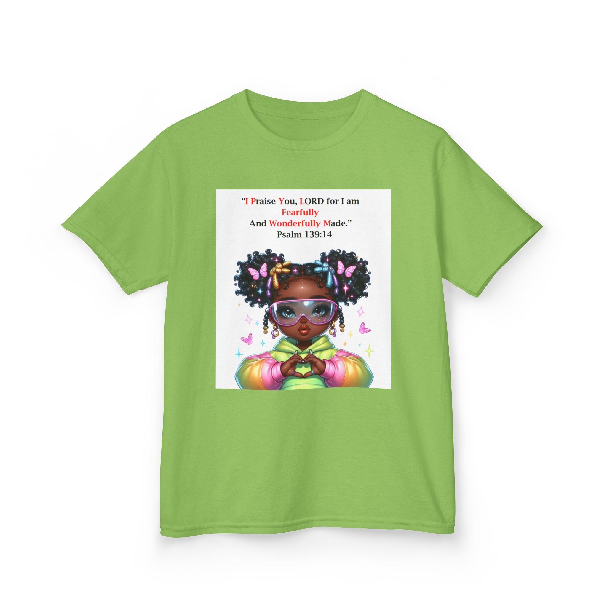 QUIET CONFIDENCE NEVER TOO SOON; Kids Tee — "I Praise You, Lord" Cute Black Girl Prayer Design | Back: God Is In Absolute Control