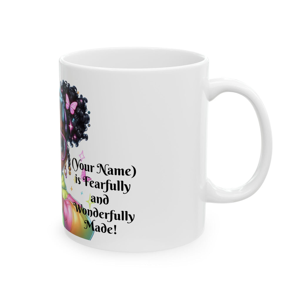 Cute Black Girl Cartoon Mug — Rainbow Hoodie, Heart Hands Coffee Cup (11oz/15oz)
