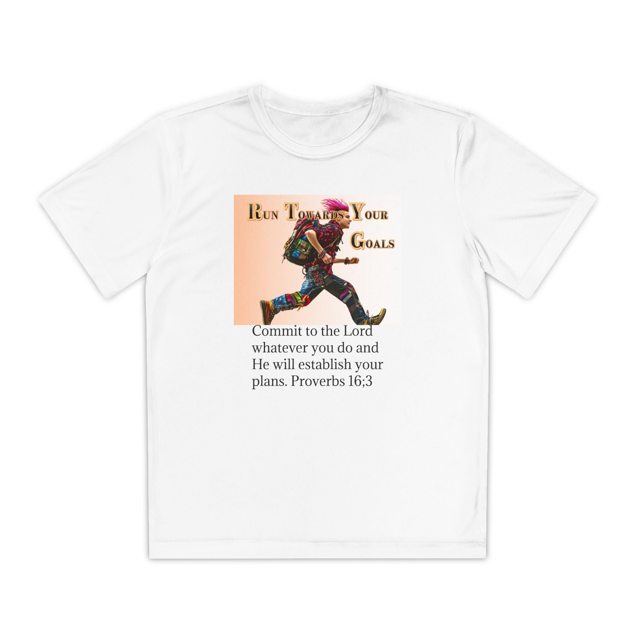 Youth Competitor Tee - 'Run Towards Your Goals' Inspirational Christian Kids Shirt (Proverbs 16:3, Never Give Up)