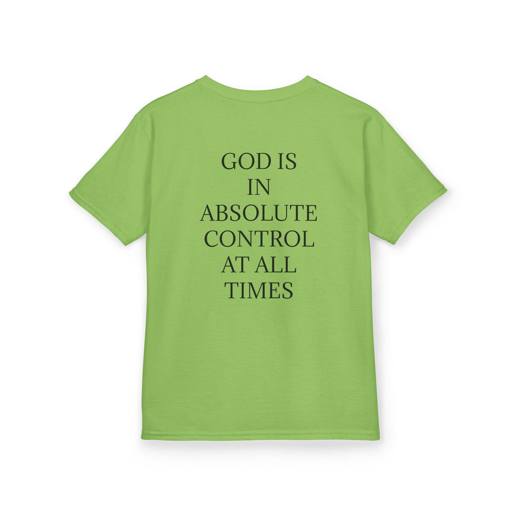 QUIET CONFIDENCE NEVER TOO SOON; Kids Tee — "I Praise You, Lord" Cute Black Girl Prayer Design | Back: God Is In Absolute Control