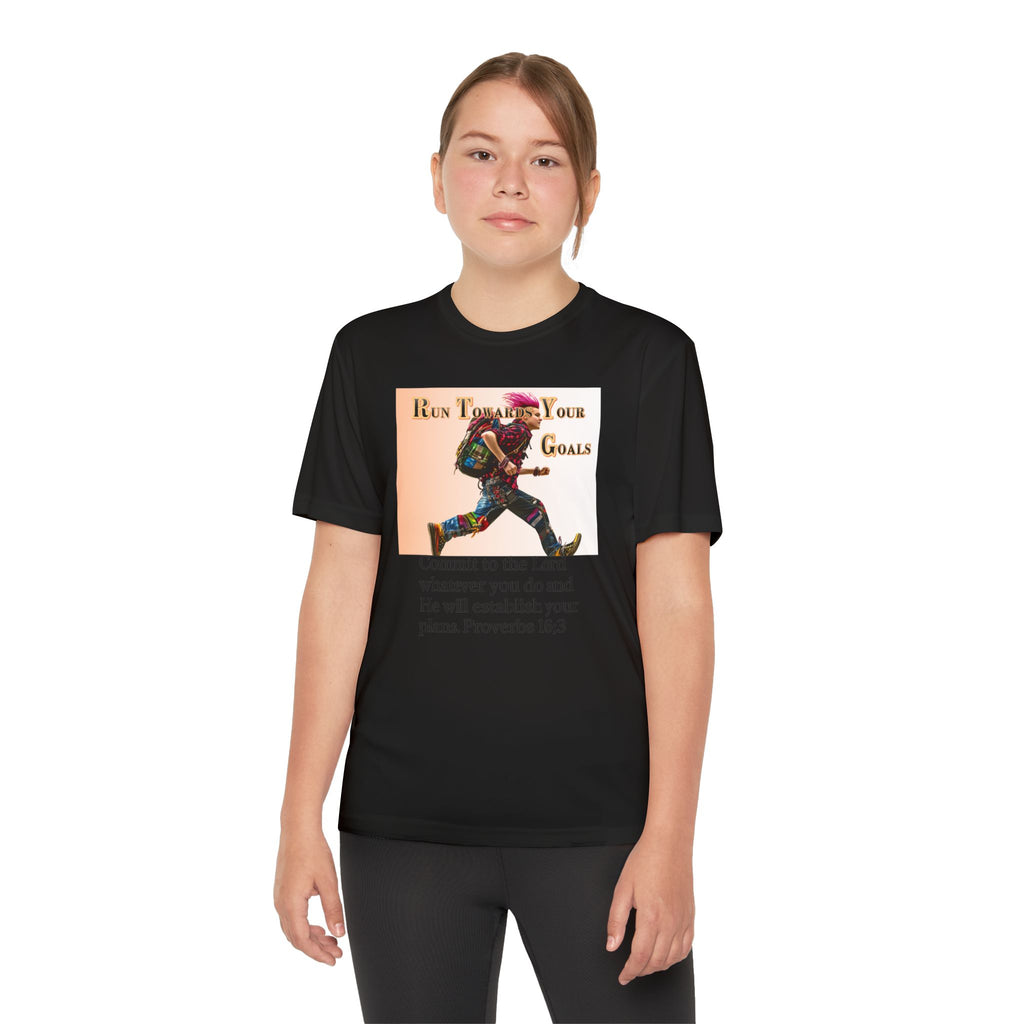 Youth Competitor Tee - 'Run Towards Your Goals' Inspirational Christian Kids Shirt (Proverbs 16:3, Never Give Up)
