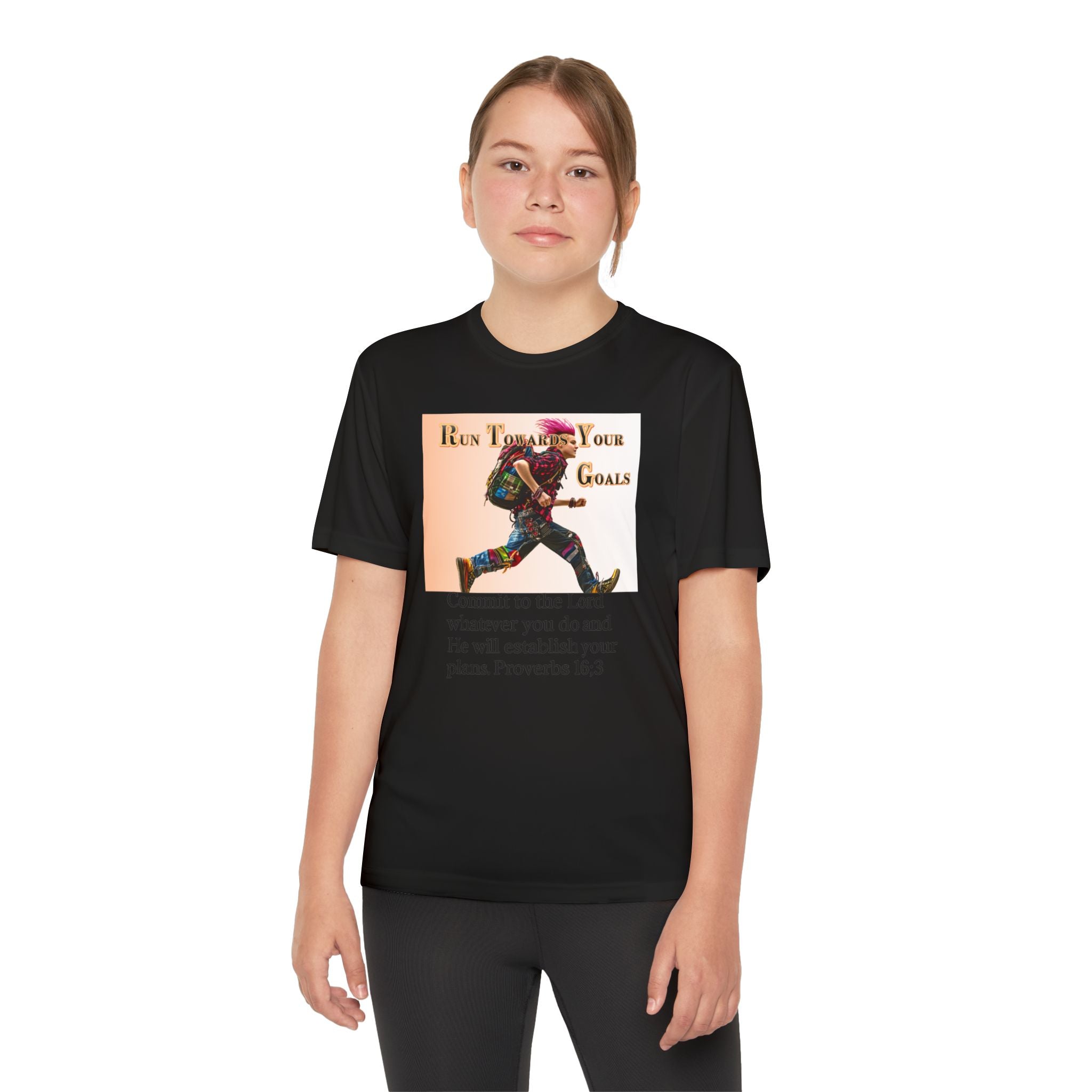 Youth Competitor Tee - 'Run Towards Your Goals' Inspirational Christian Kids Shirt (Proverbs 16:3, Never Give Up)