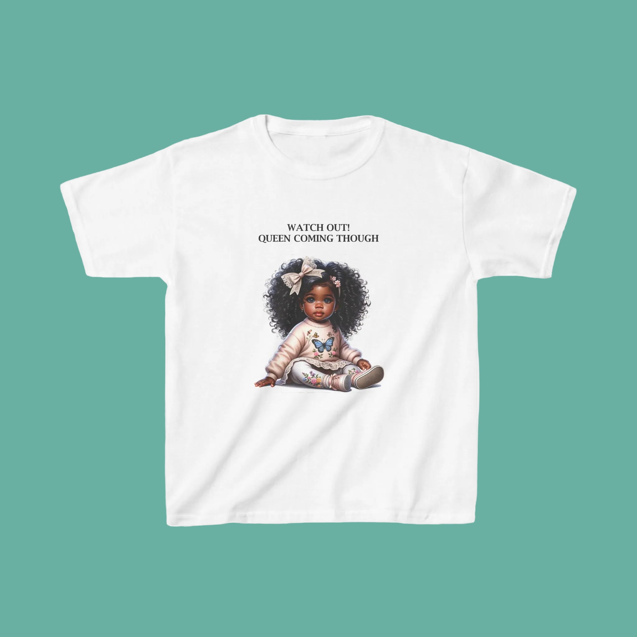 Kids Tee — "Watch Out! Queen Coming Through" Cute Black Baby Girl Design (Custom Name Back)