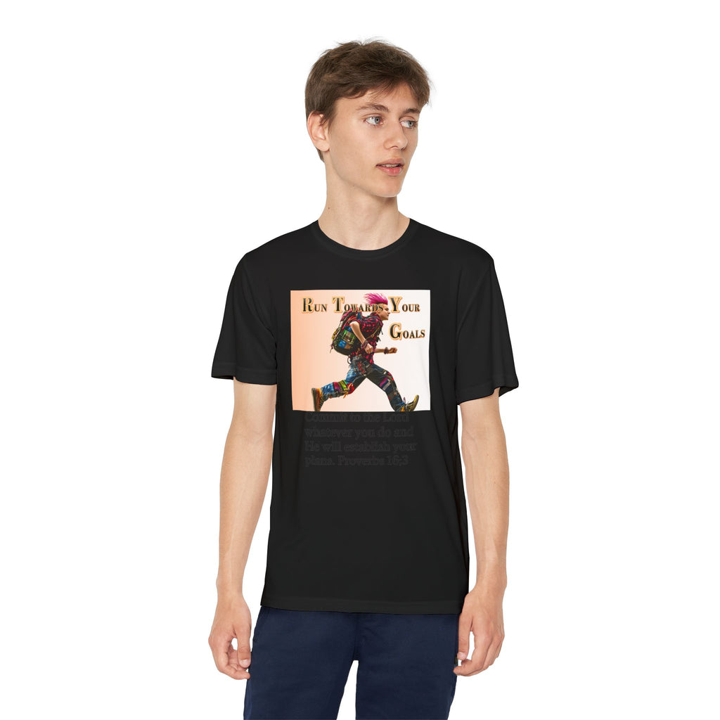 Youth Competitor Tee - 'Run Towards Your Goals' Inspirational Christian Kids Shirt (Proverbs 16:3, Never Give Up)