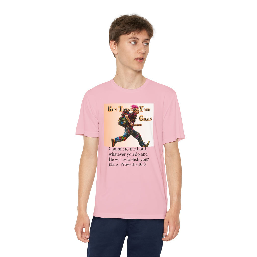 Youth Competitor Tee - 'Run Towards Your Goals' Inspirational Christian Kids Shirt (Proverbs 16:3, Never Give Up)