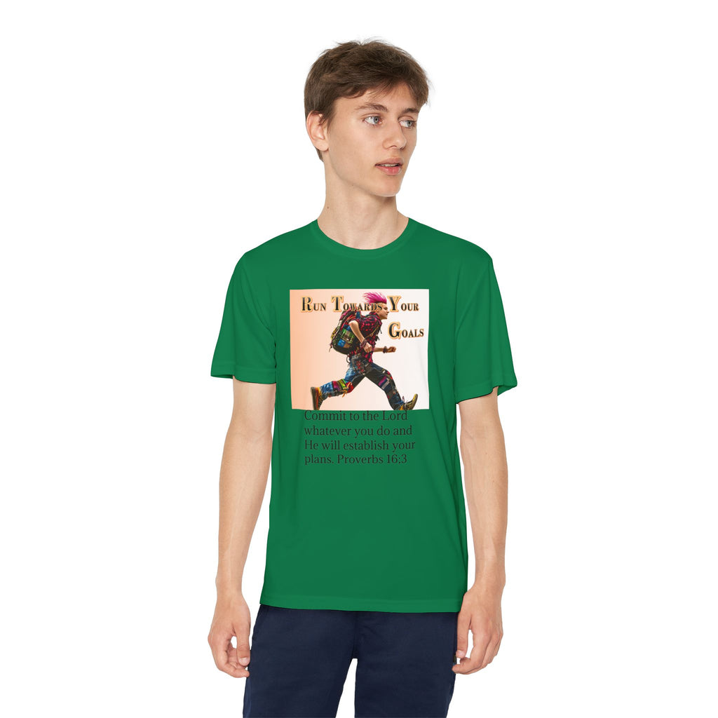 Youth Competitor Tee - 'Run Towards Your Goals' Inspirational Christian Kids Shirt (Proverbs 16:3, Never Give Up)
