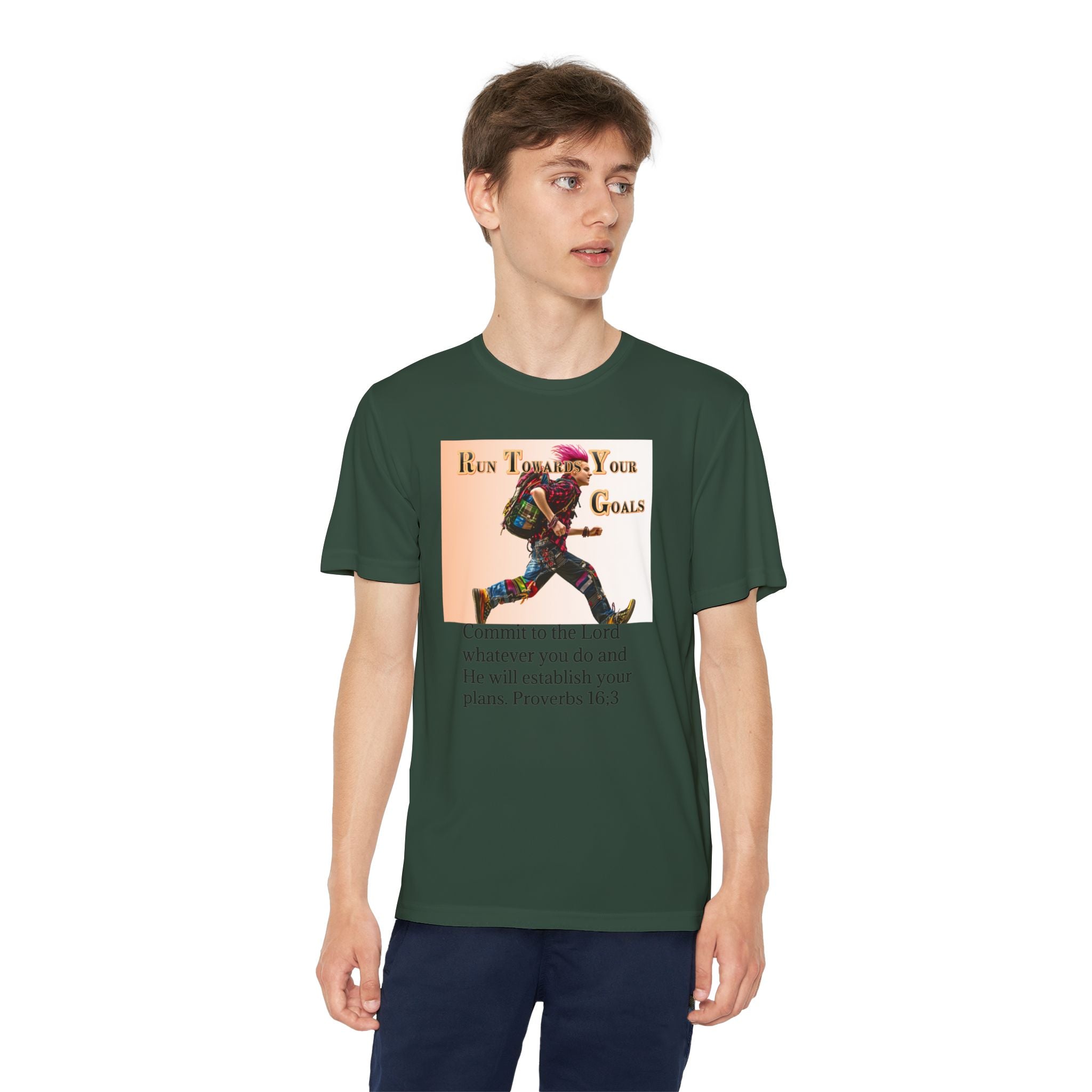 Youth Competitor Tee - 'Run Towards Your Goals' Inspirational Christian Kids Shirt (Proverbs 16:3, Never Give Up)