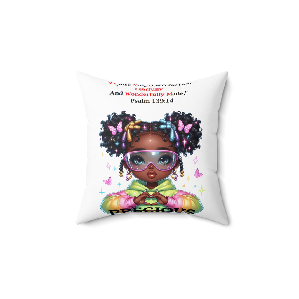 Cute Black Girl Decorative Pillow — “Queen Coming Through” & Psalm 139:14 Kids Accent Pillow