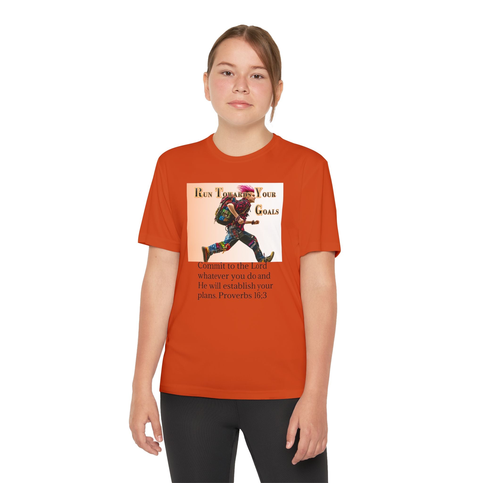 Youth Competitor Tee - 'Run Towards Your Goals' Inspirational Christian Kids Shirt (Proverbs 16:3, Never Give Up)